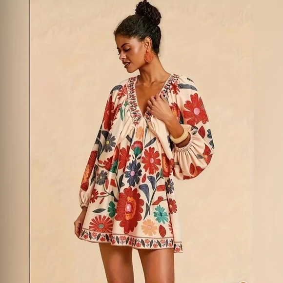 Floral V-Neck Bohemian Floral Print Dress - Picture 4 of 4